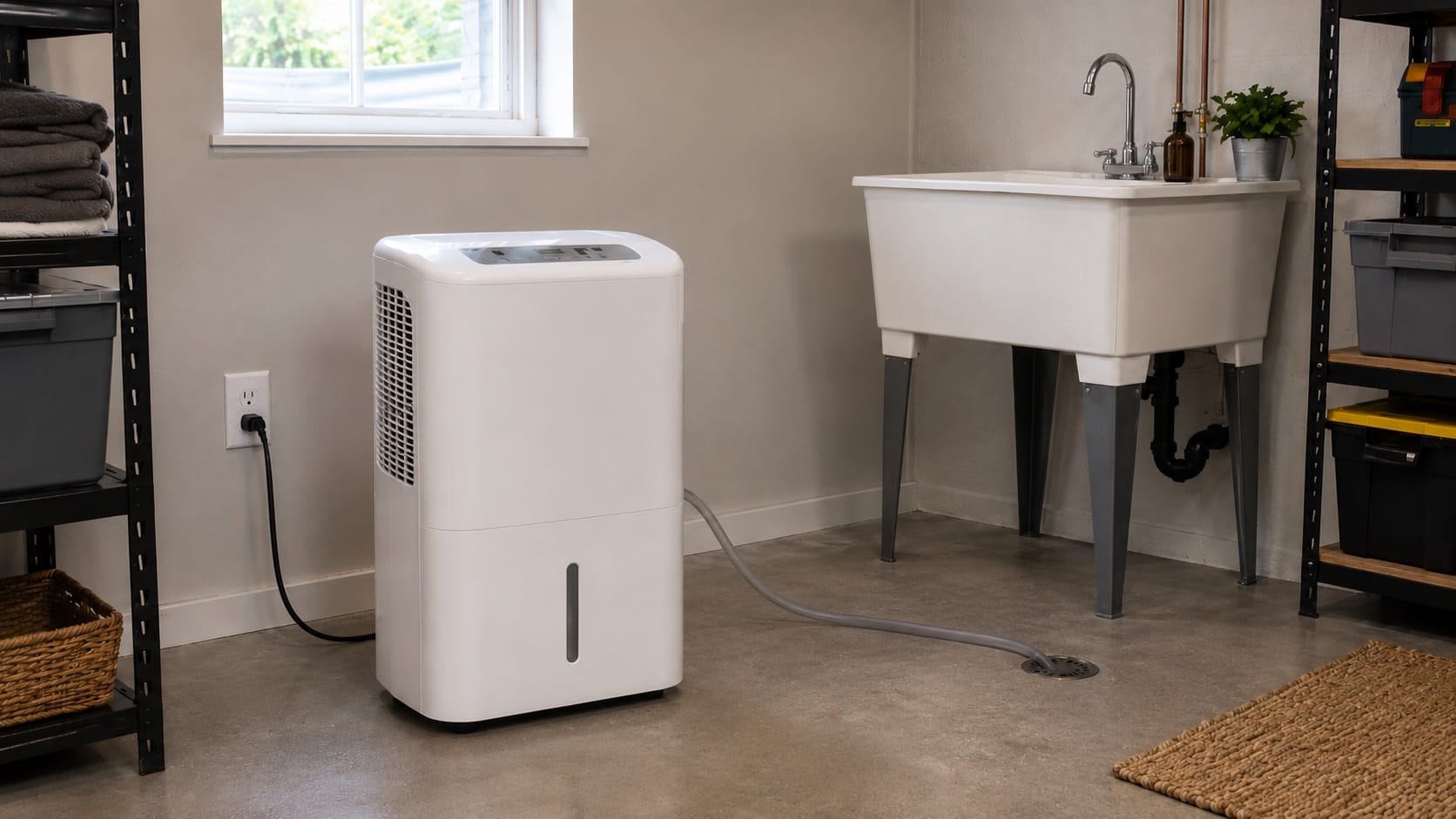 White portable dehumidifier running in a finished basement for moisture control