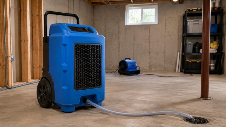 Commercial-style dehumidifier in a basement drying setup after minor moisture intrusion