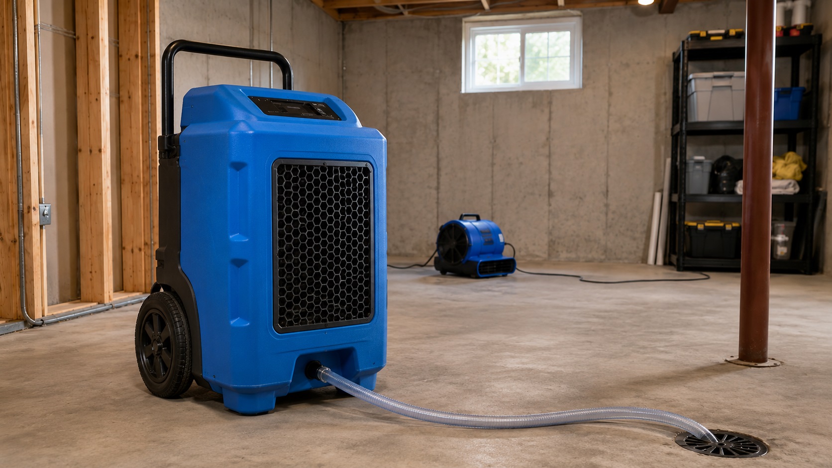 Commercial-style dehumidifier in a basement drying setup after minor moisture intrusion