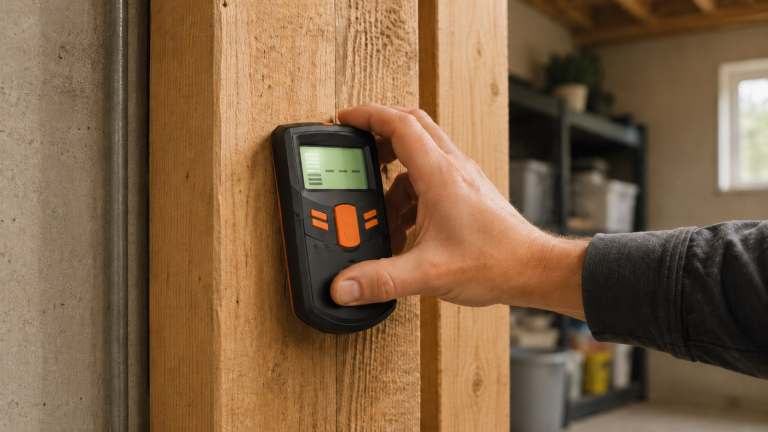 Homeowner using a pinless wood moisture meter to check moisture in wood trim