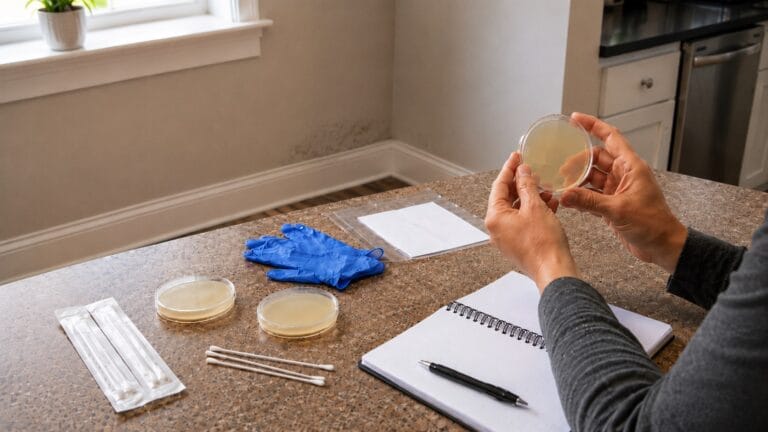 DIY mold test kit materials on a kitchen table during a homeowner mold inspection