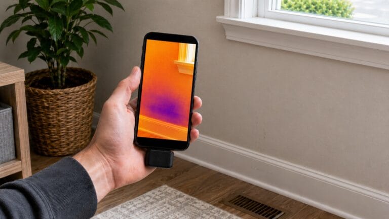 Homeowner using a smartphone thermal camera to inspect a wall for possible hidden moisture