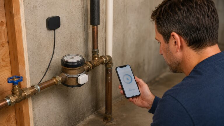 Homeowner checking a smartphone near a residential water meter with a smart water monitoring device installed