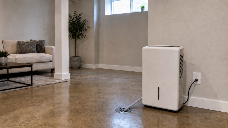 White portable dehumidifier running in a finished basement near a floor drain