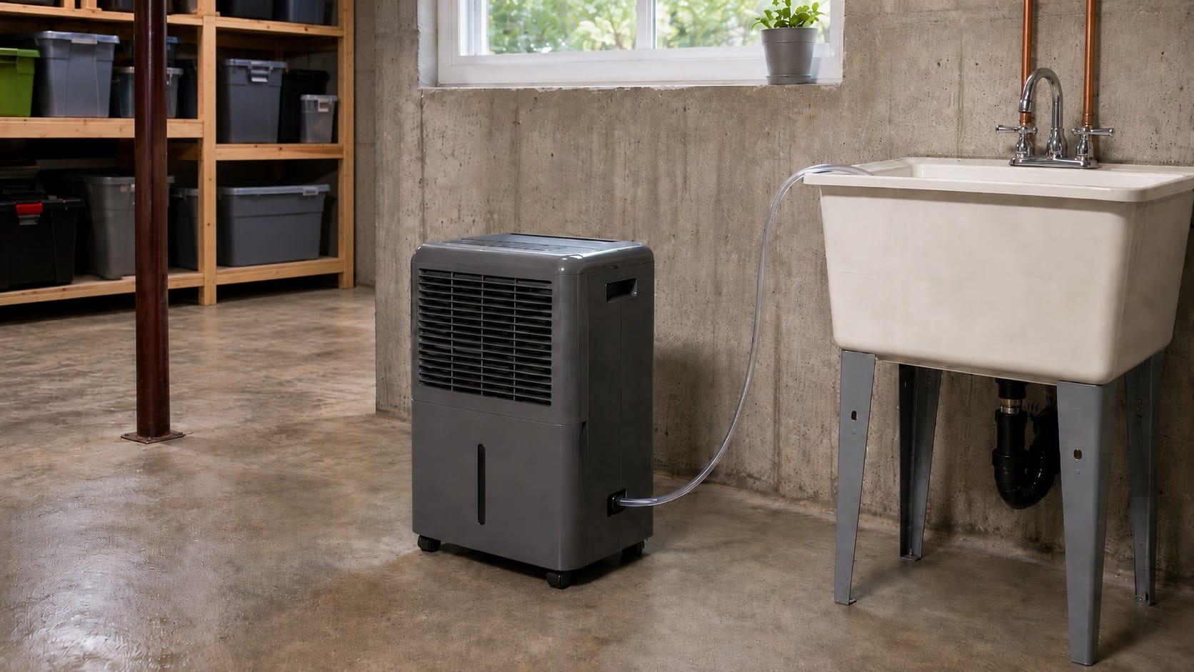 Portable 50 pint dehumidifier with pump set up in a basement with a drain hose routed to a utility sink