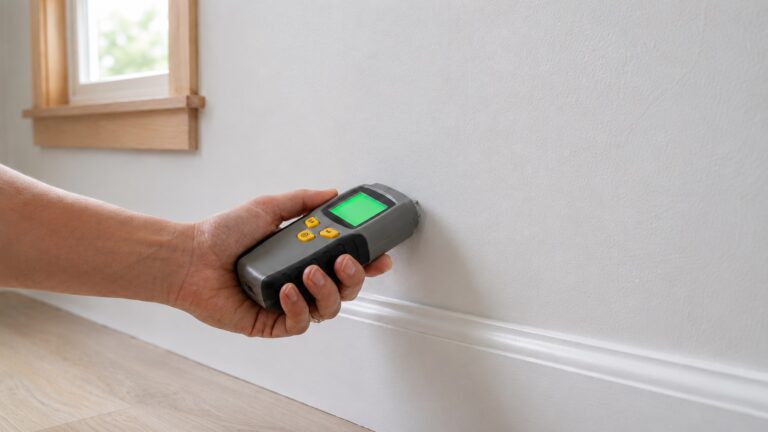 Homeowner using a pin-type moisture meter to check drywall near a baseboard for possible moisture