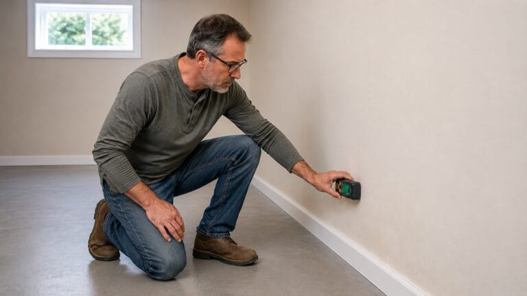Homeowner using a pinless moisture meter to check a wall for hidden moisture