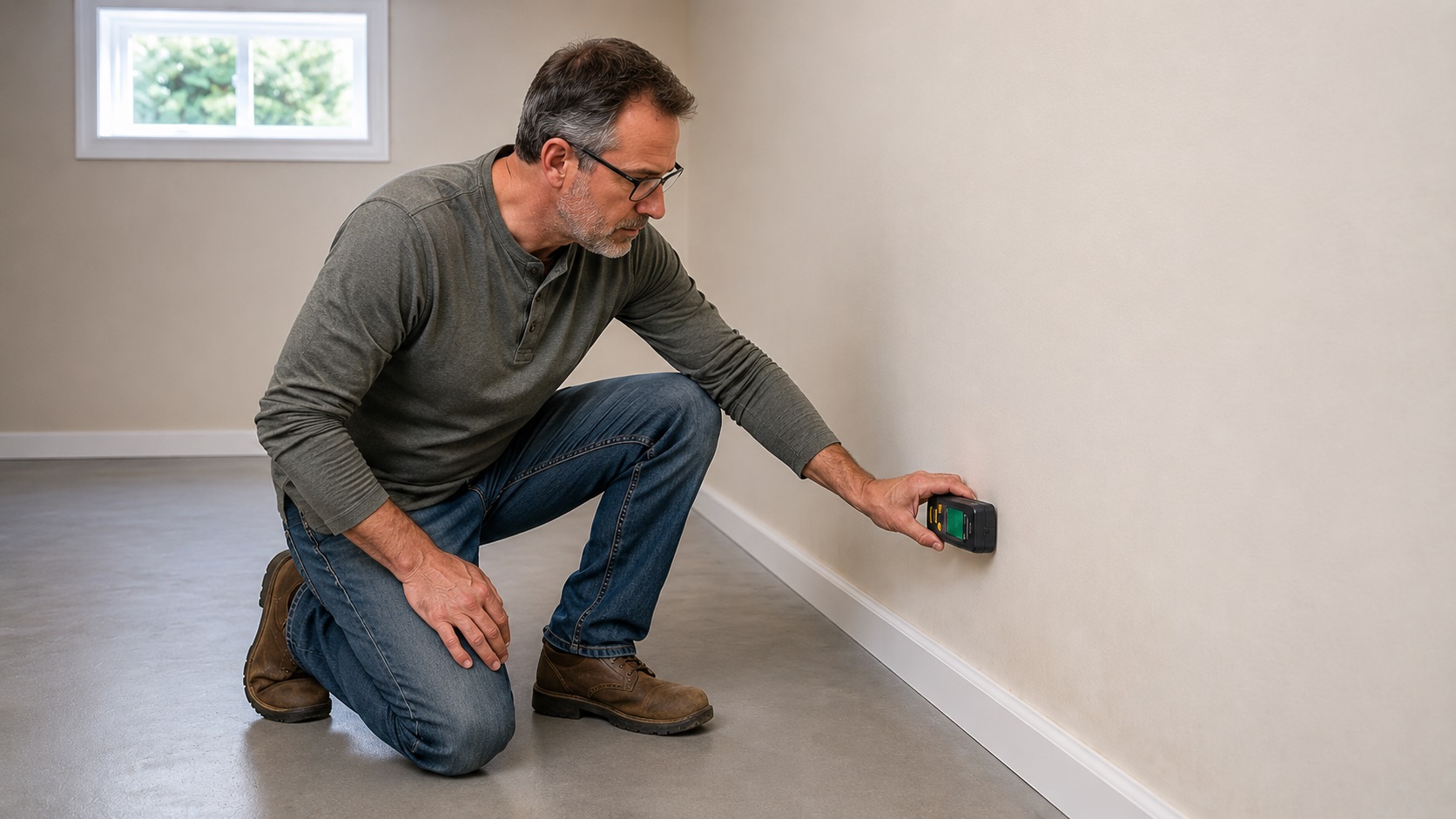 Homeowner using a pinless moisture meter to check a wall for hidden moisture