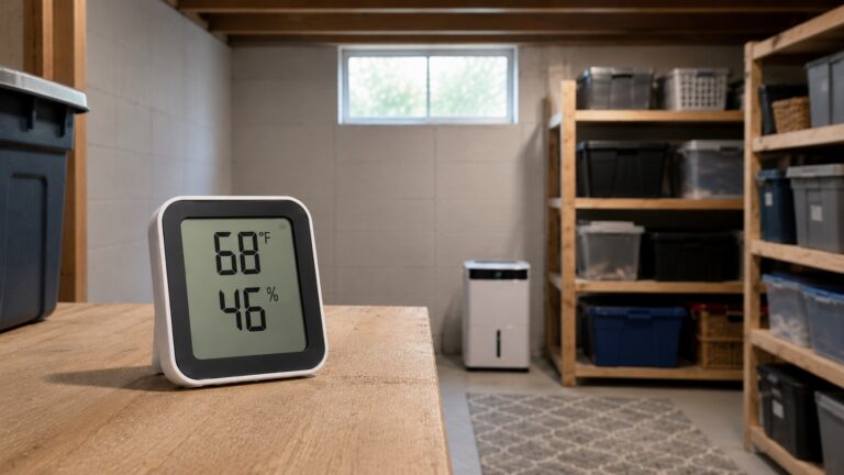 Bluetooth-style digital hygrometer on a basement shelf for home humidity monitoring
