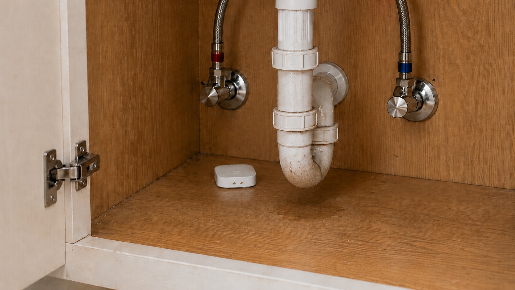 Smart water leak detector placed under a sink cabinet for early leak alerts