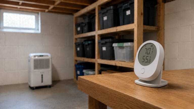 Smart indoor humidity monitor on a shelf in a finished basement used for tracking home humidity levels