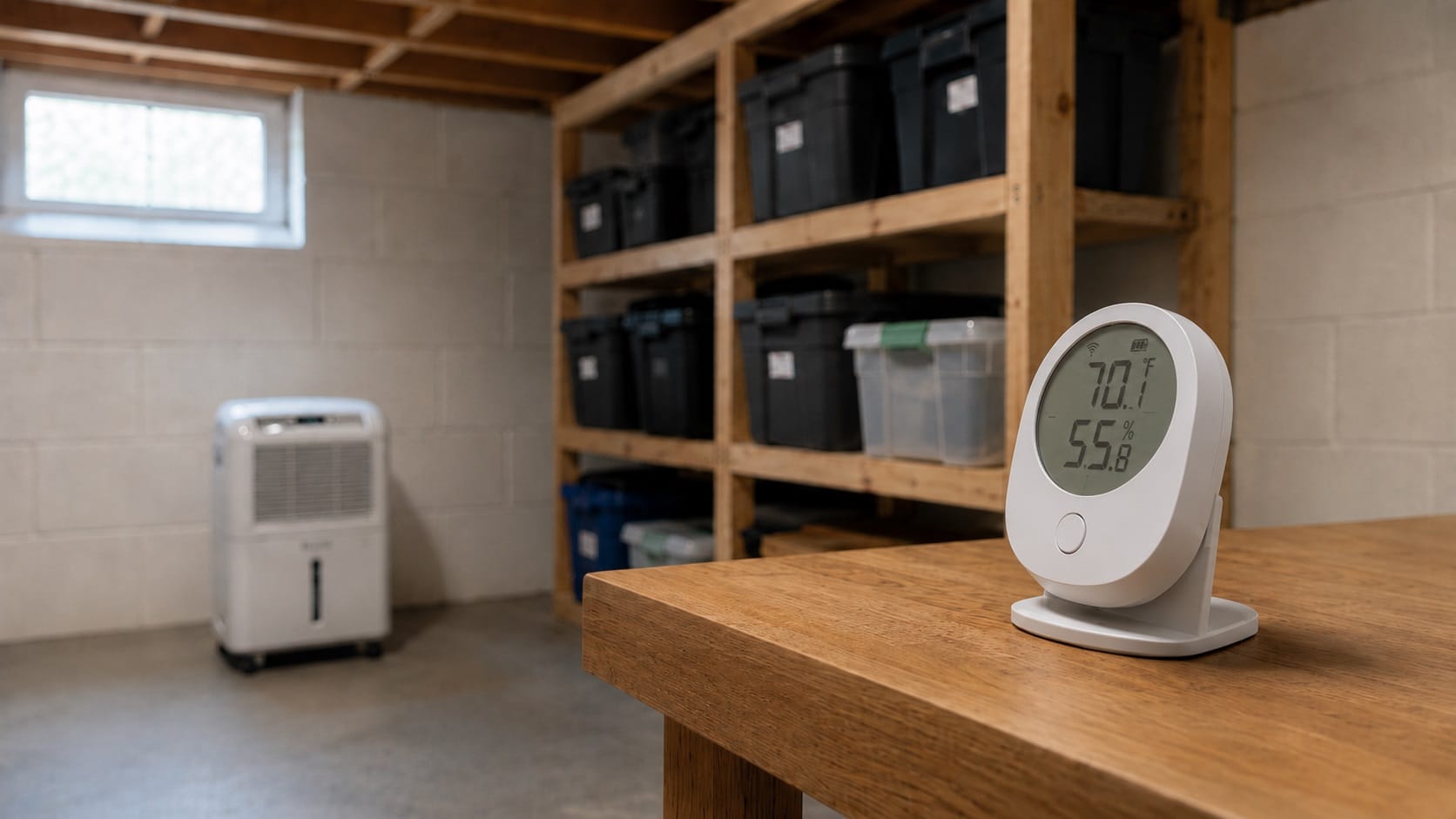 Smart indoor humidity monitor on a shelf in a finished basement used for tracking home humidity levels