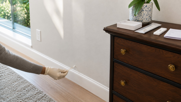 Homeowner using a DIY mold test kit in a room with a suspected hidden mold concern