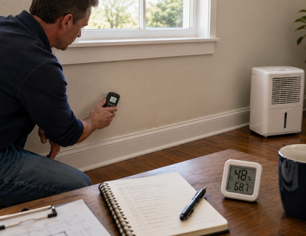 Homeowner checking a lower wall with a moisture meter while a hygrometer, notes, and dehumidifier show home moisture inspection and prevention.