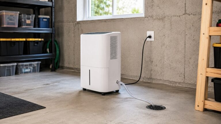 White portable dehumidifier in a clean basement room for large-space humidity control