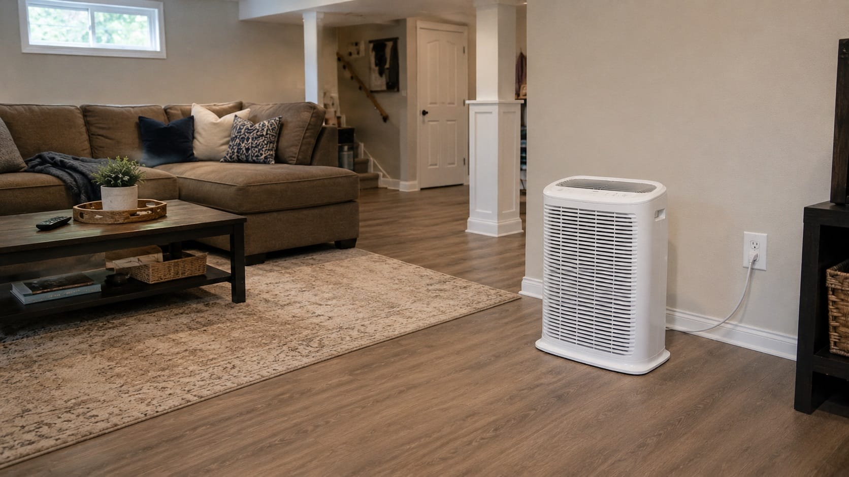 Large white HEPA air purifier running in a finished basement living room for indoor air quality support
