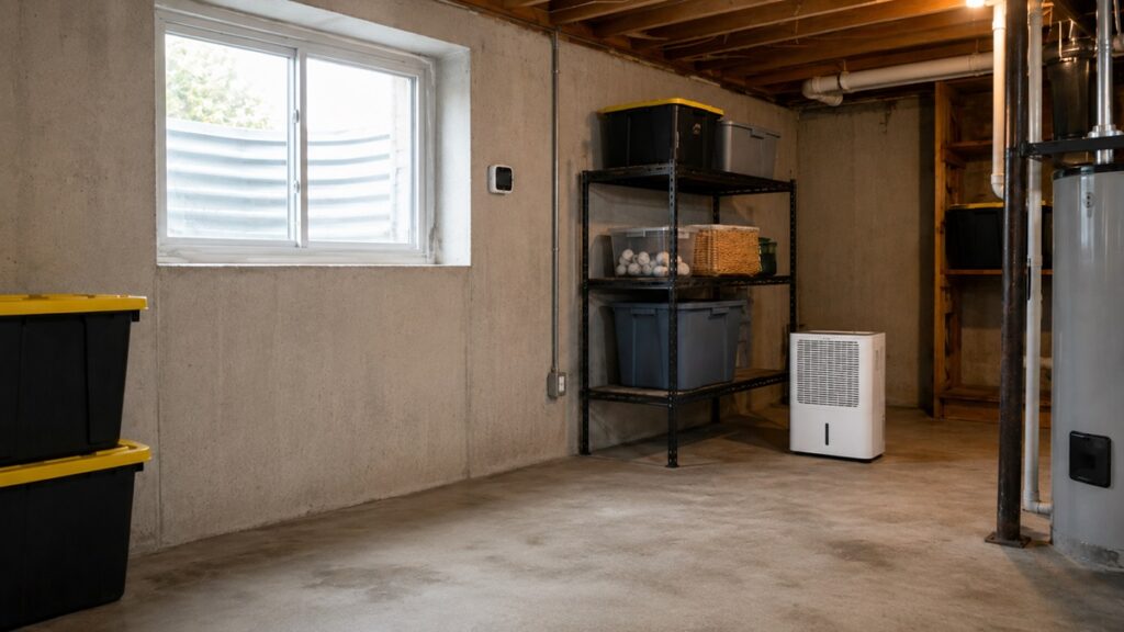 Basement dehumidifier setup with a wall-mounted humidity controller near storage shelves