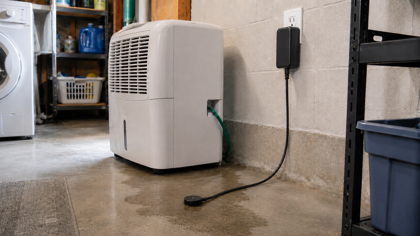 Plug-in water leak detector sensor placed on a utility room floor near an appliance for early leak detection