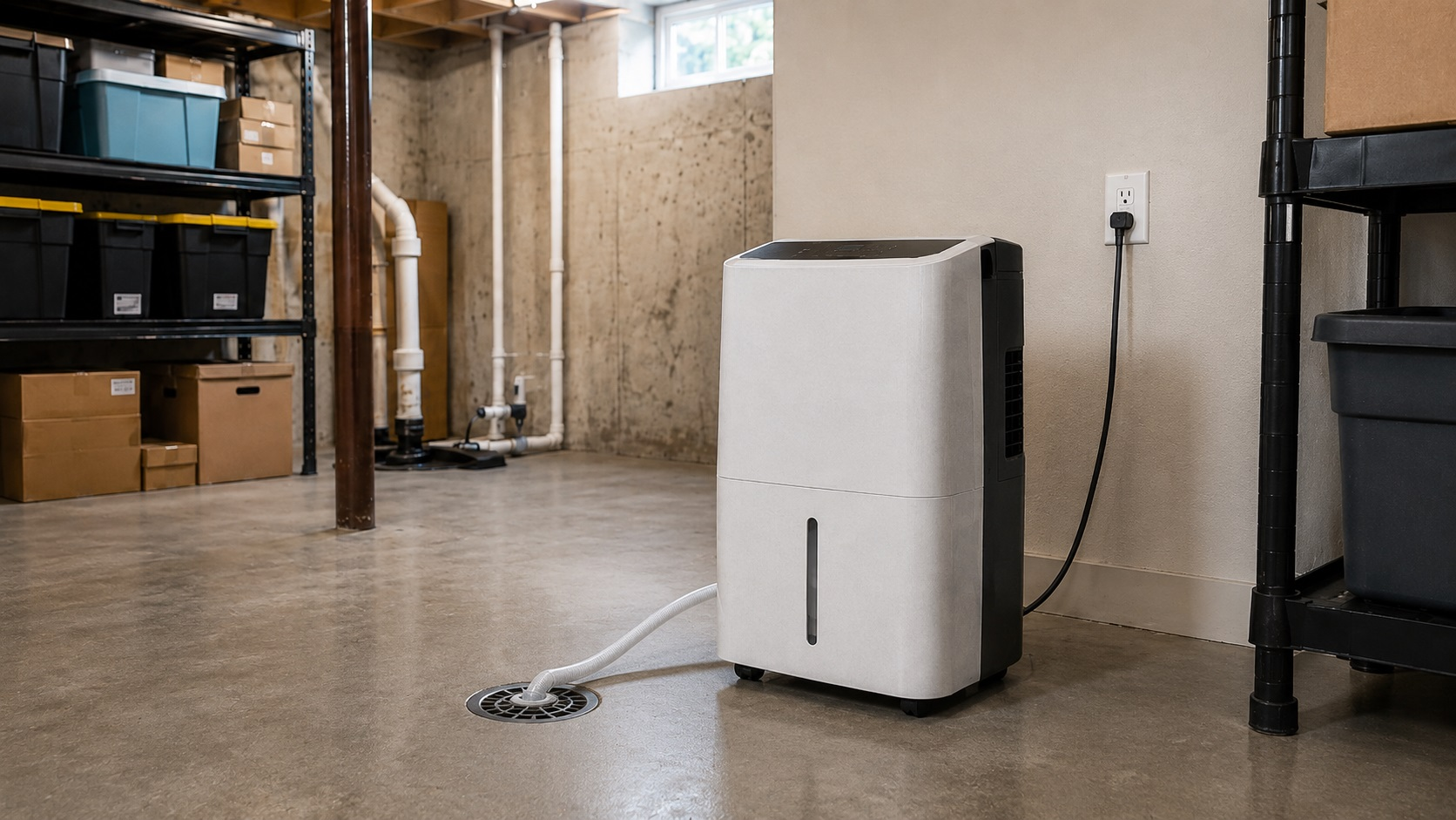 Portable 50 pint style dehumidifier in a finished basement for humidity control