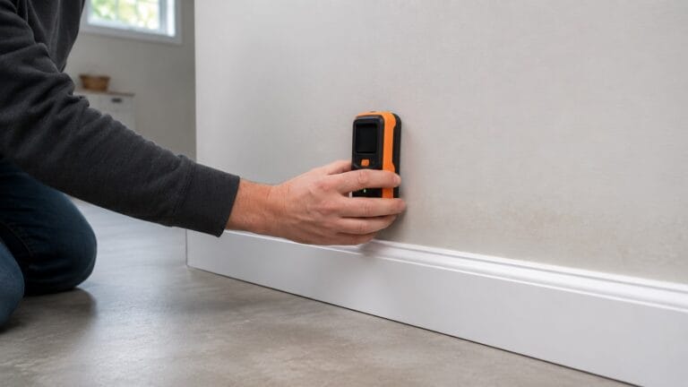 Homeowner using a pinless moisture meter to check drywall near a baseboard for hidden moisture
