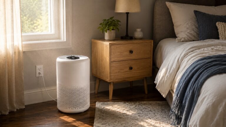 Compact white air purifier running in a clean bedroom for indoor air quality support