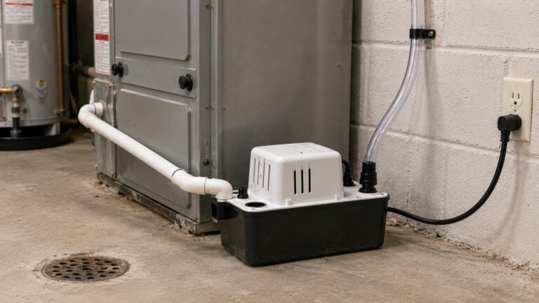 Generic condensate pump beside a residential HVAC unit in a basement utility room