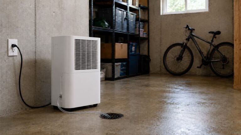 Portable 50 pint dehumidifier with drain hose set up in a residential basement for humidity control
