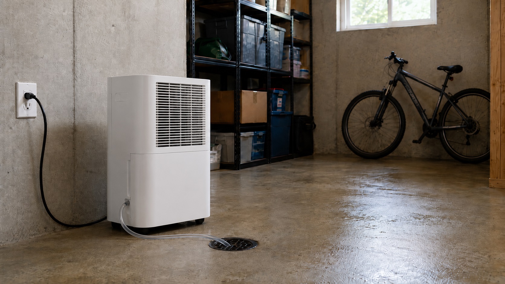 Portable 50 pint dehumidifier with drain hose set up in a residential basement for humidity control
