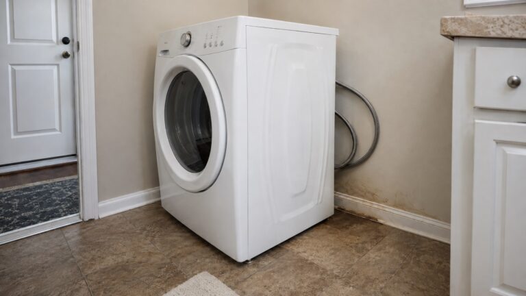 Washing machine in a laundry room with subtle moisture staining on the lower wall and baseboard from a plumbing leak