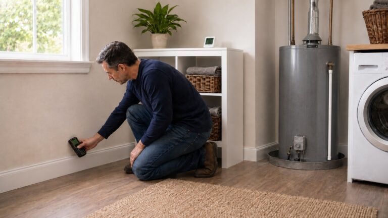 Homeowner checking a dry lower wall and baseboard with a moisture meter to prevent recurring moisture damage