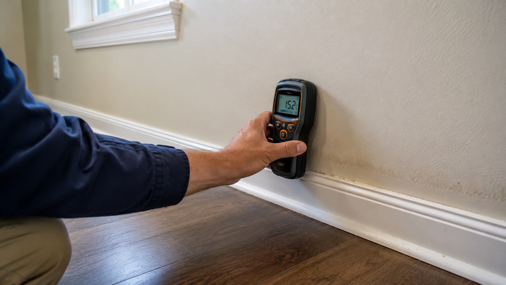 Inspector using a moisture meter on an interior wall near a baseboard to check for hidden moisture