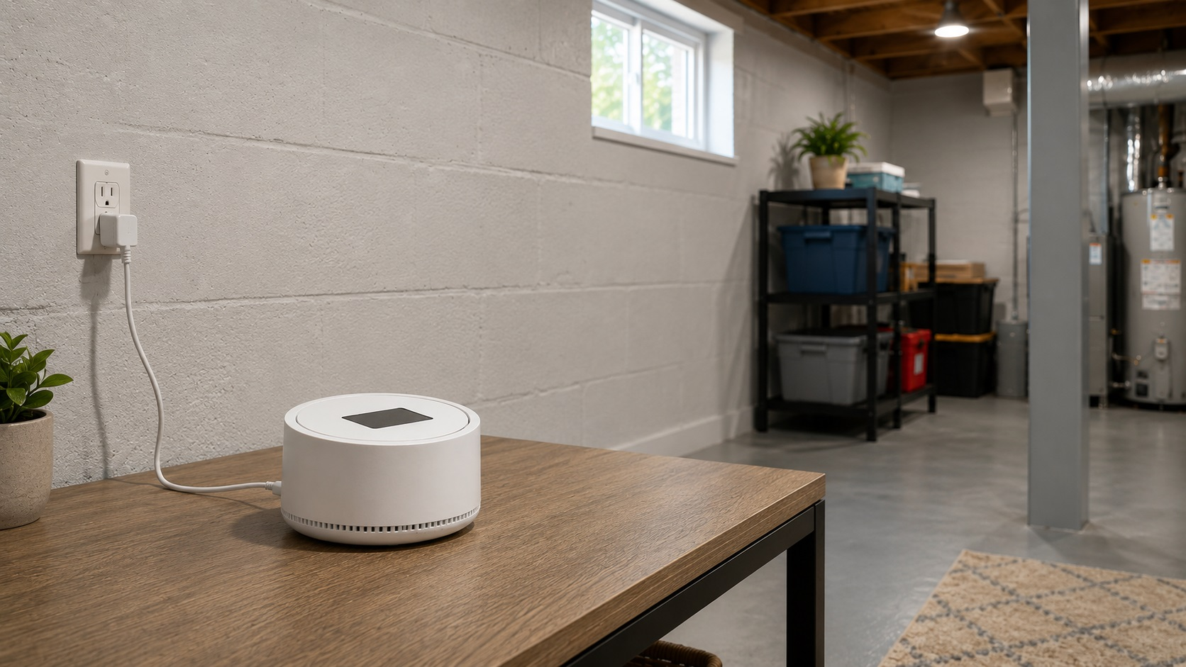 Digital radon monitor on a shelf in a finished basement for home radon level monitoring