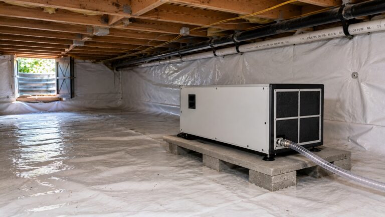 Compact crawl space dehumidifier installed in a clean encapsulated crawl space with a drain hose and vapor barrier