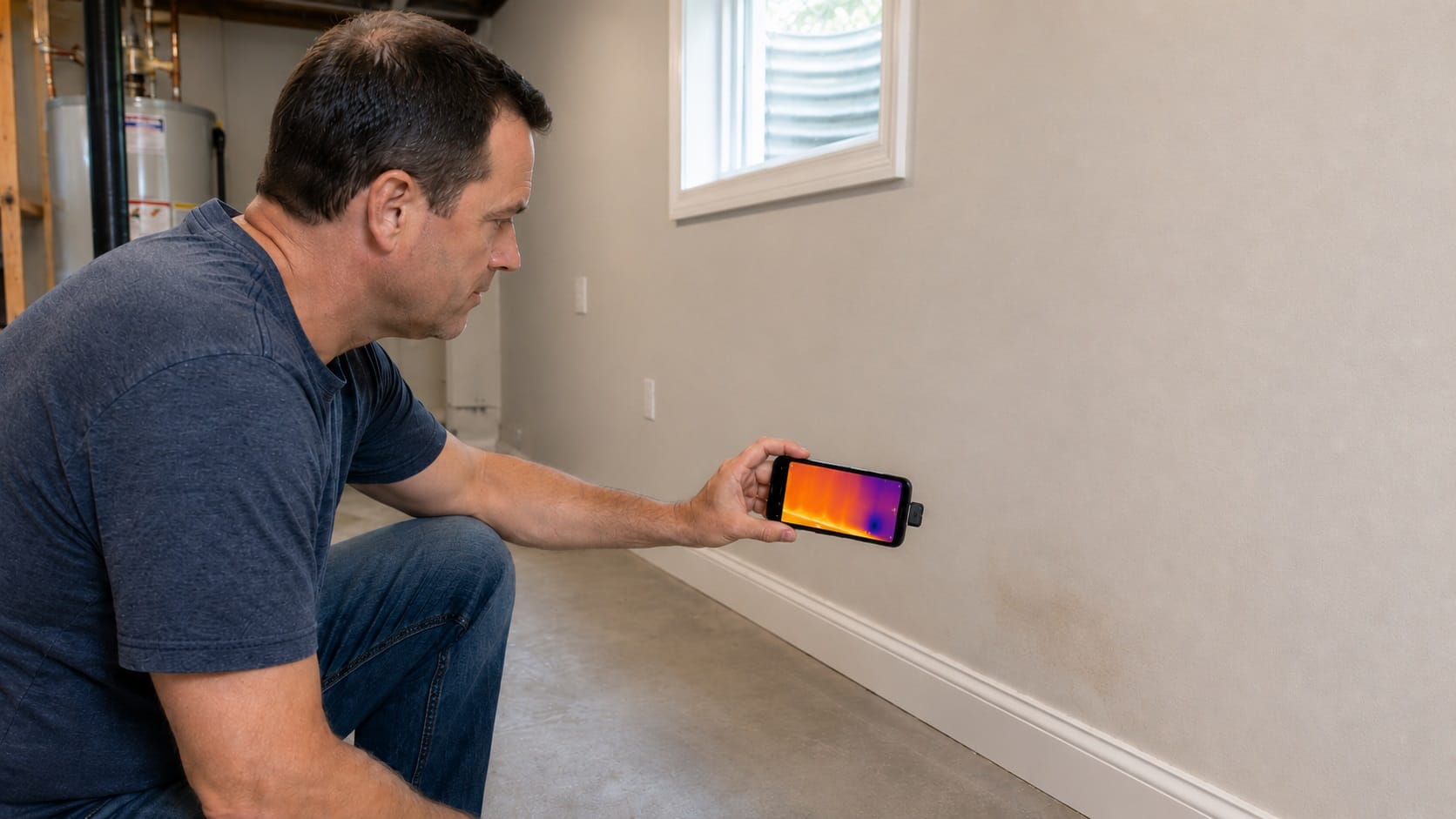 Homeowner using a smartphone thermal camera to inspect a basement wall for possible hidden moisture near the baseboard