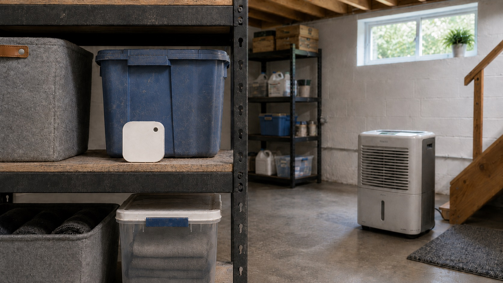Small wireless hygrometer monitoring humidity on a basement shelf near a dehumidifier