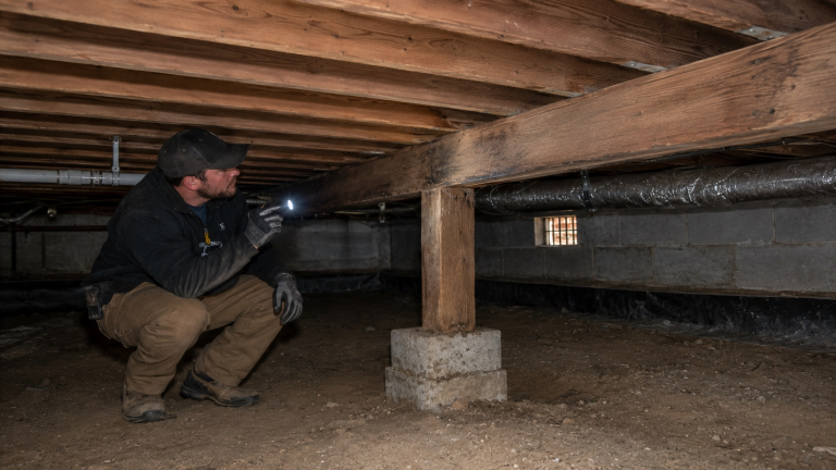 Inspector checking crawl space floor joists for signs of structural moisture problems
