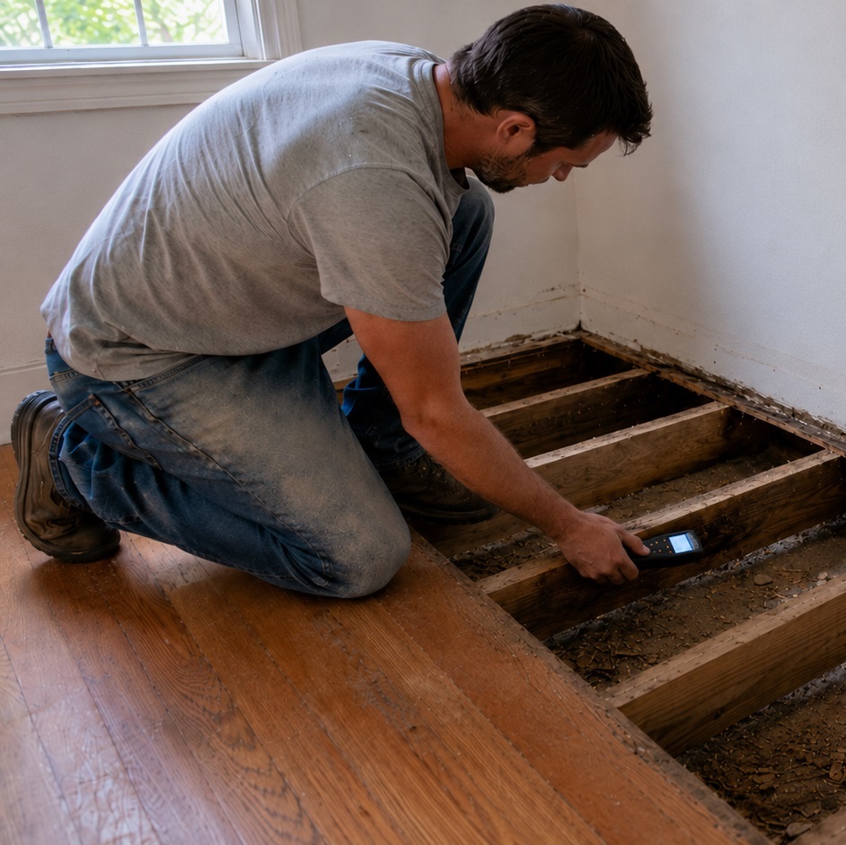 Homeowner inspecting exposed floor joists for structural moisture problems with a moisture meter.