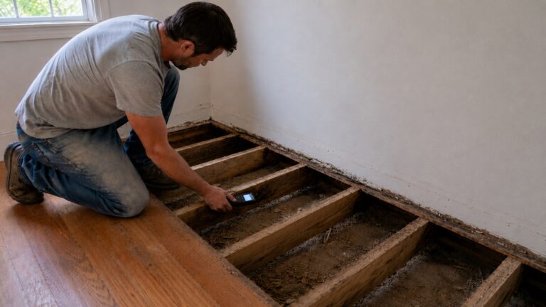 Contractor inspecting structural moisture damage near exposed wall framing and subfloor inside a home