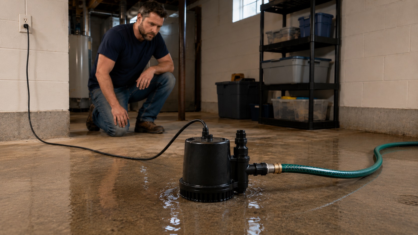 Portable utility pump removing shallow standing water from a basement floor