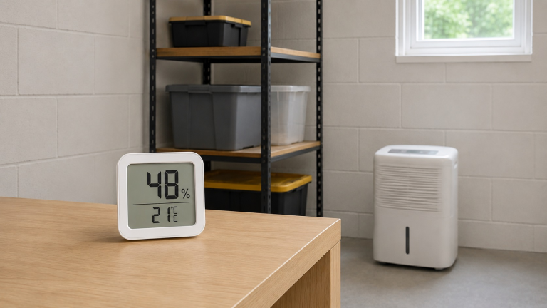 Small digital indoor hygrometer monitoring humidity in a home room