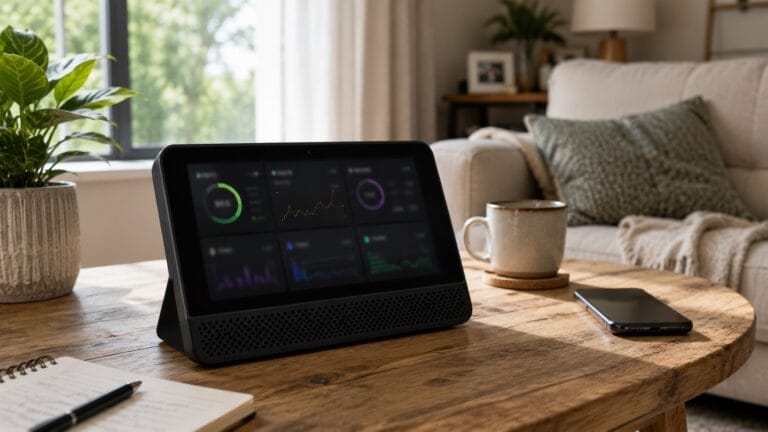 Indoor air quality monitor on a living room table for tracking home air conditions