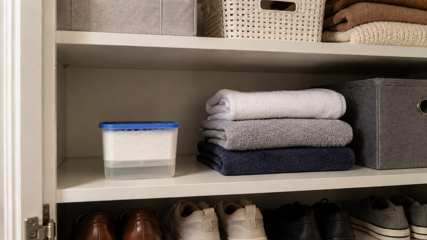 Passive moisture absorber box on a closet shelf for small-space humidity control