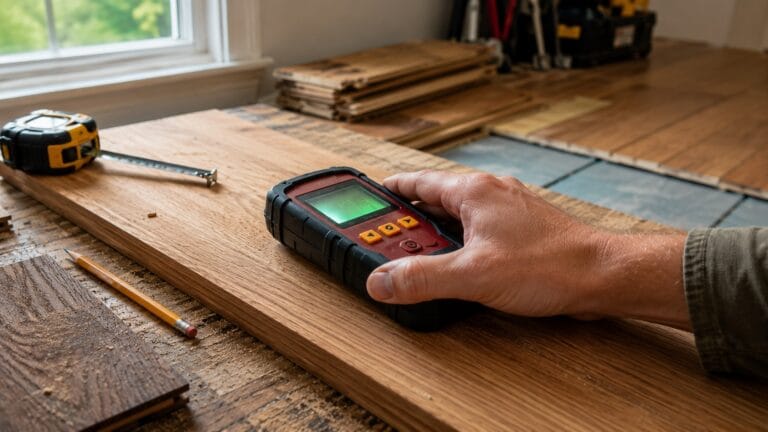 Pinless wood moisture meter being used on a hardwood board during a home moisture testing inspection