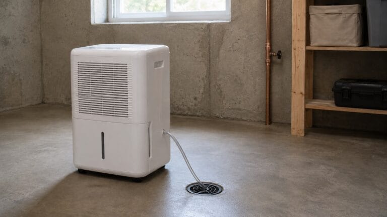 Portable dehumidifier in a basement utility area for home humidity control
