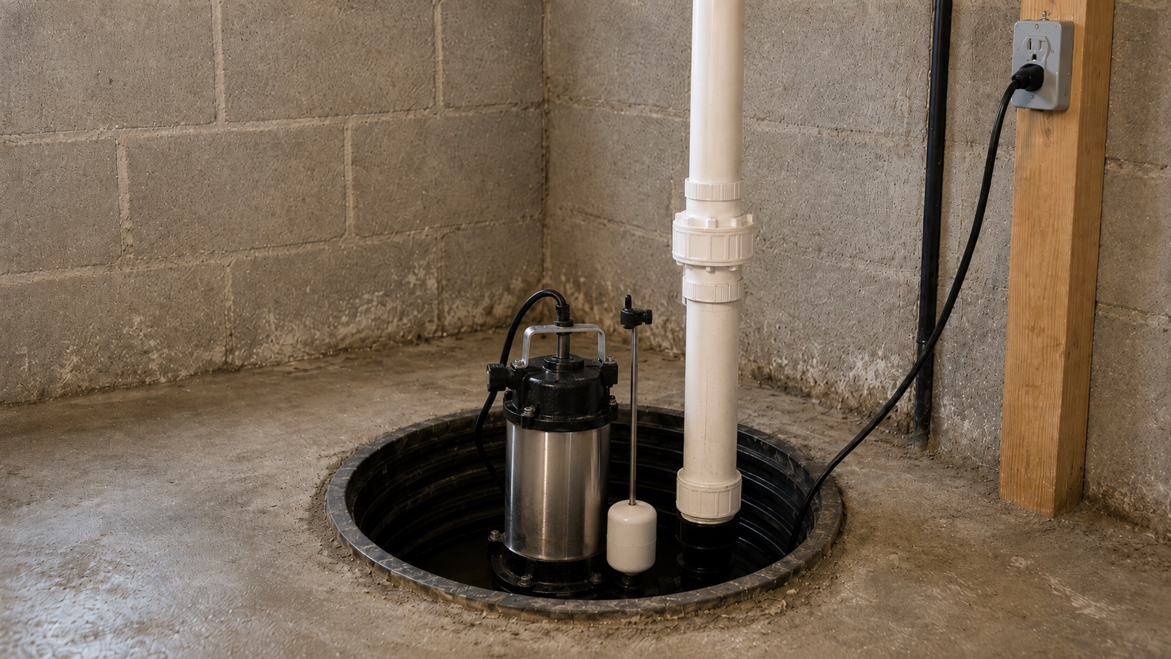 Submersible sump pump installed in a basement sump pit with PVC discharge pipe