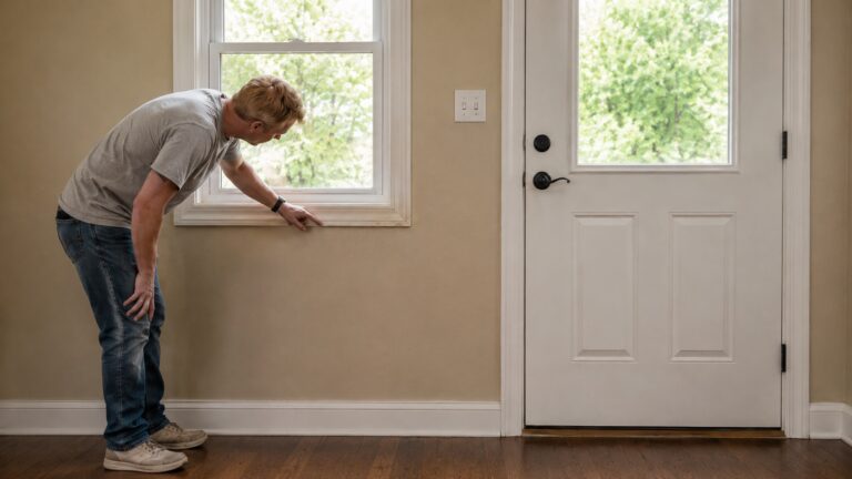 Homeowner inspecting subtle moisture staining near window trim beside an exterior door