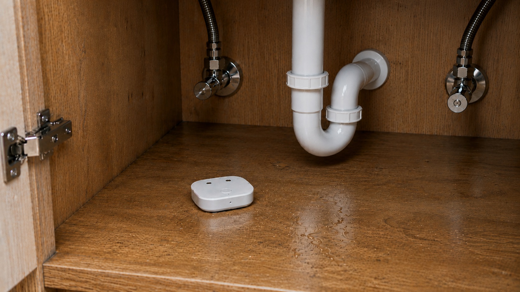 Smart water leak sensor placed under a sink to monitor for early plumbing leaks