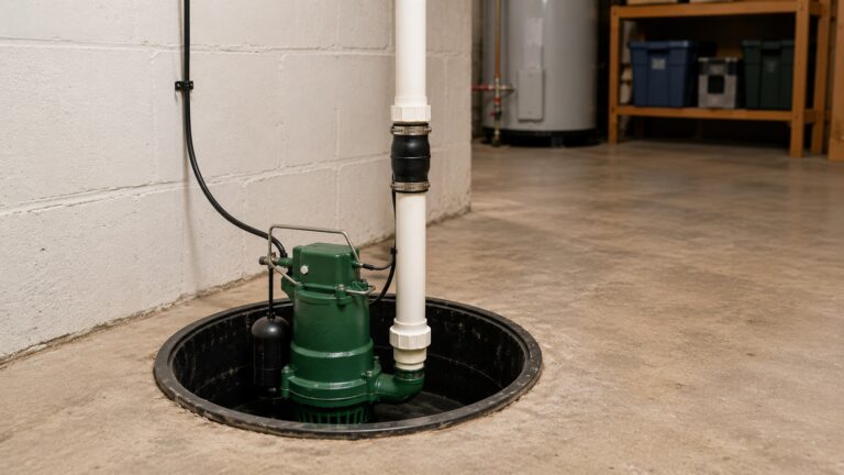 Cast iron sump pump installed in a basement sump pit with PVC discharge piping for flood protection