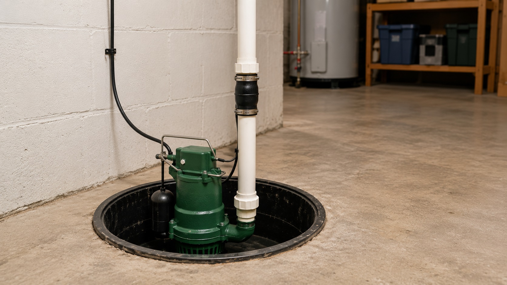 Cast iron sump pump installed in a basement sump pit with PVC discharge piping for flood protection