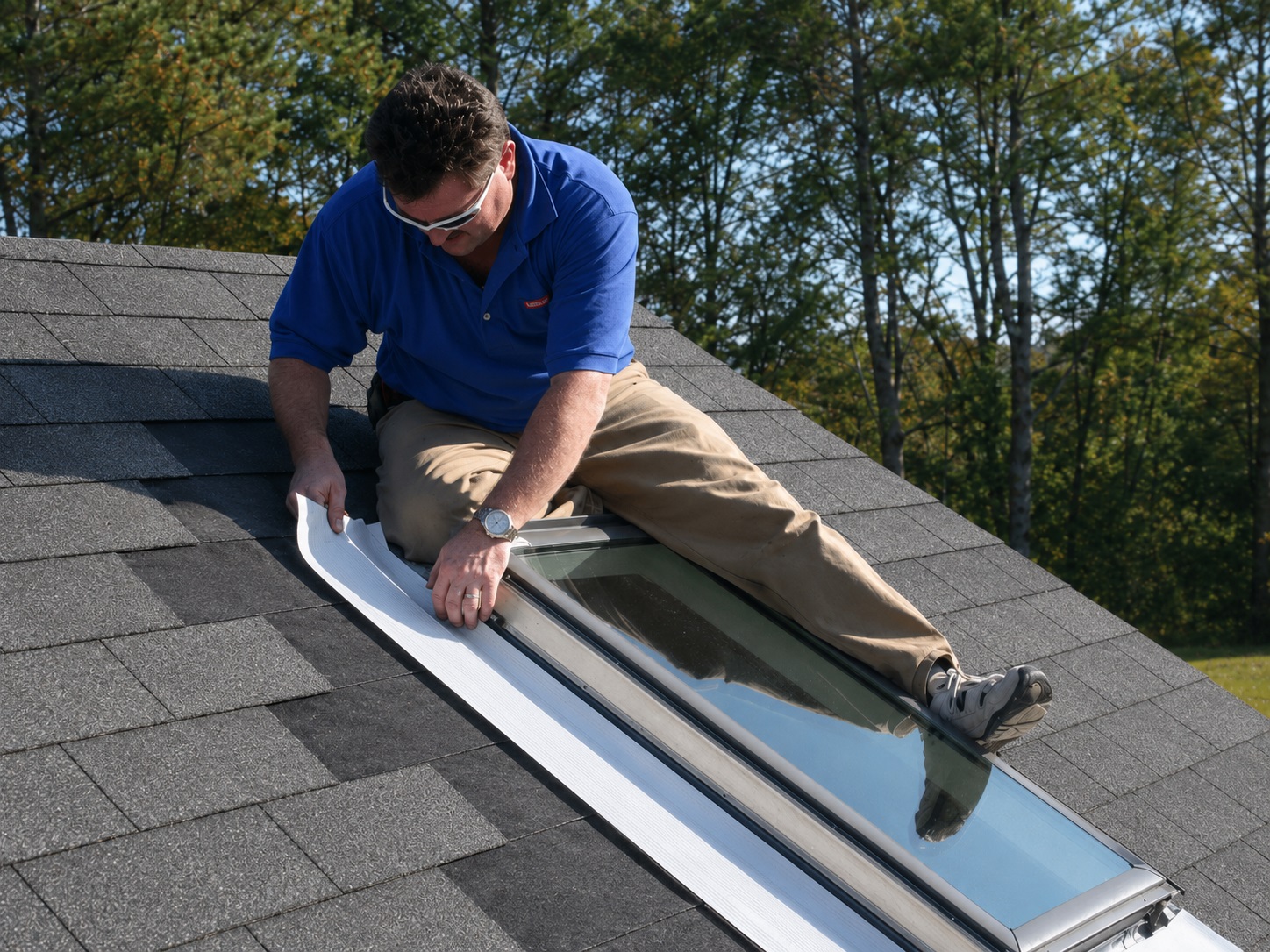 Roofer applying flashing repair tape around the edge of a skylight during a roof repair on an asphalt shingle roof.